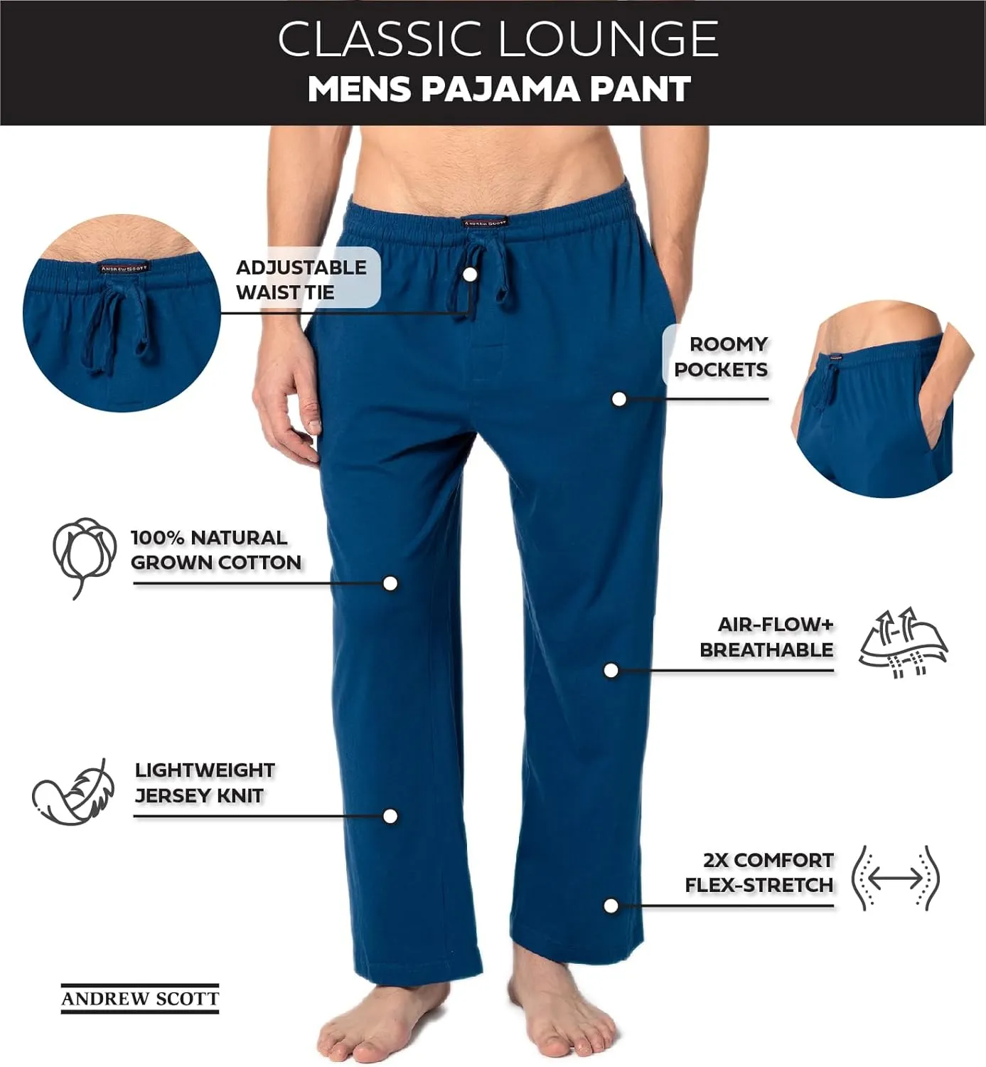 Andrew Scott Men's Lounge Pants | Multi Packs & Colors | Soft & Light Cotton Drawstring Yoga Lounge & Sleep PJ Pants