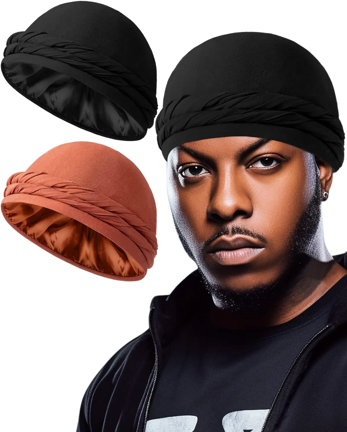 BEACE Silk Satin Lined Pre-Tied Turban Durag Head Wrap for Men & Women, Halo Turban Skull Cap Bonnet Hair Cover for Sleeping
