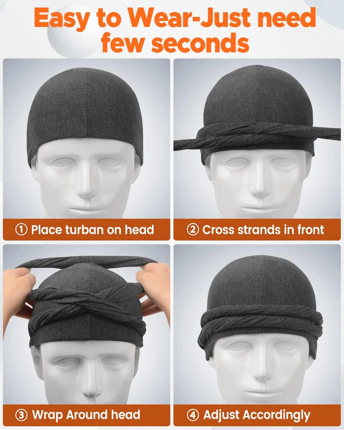BEACE Silk Satin Lined Pre-Tied Turban Durag Head Wrap for Men & Women, Halo Turban Skull Cap Bonnet Hair Cover for Sleeping