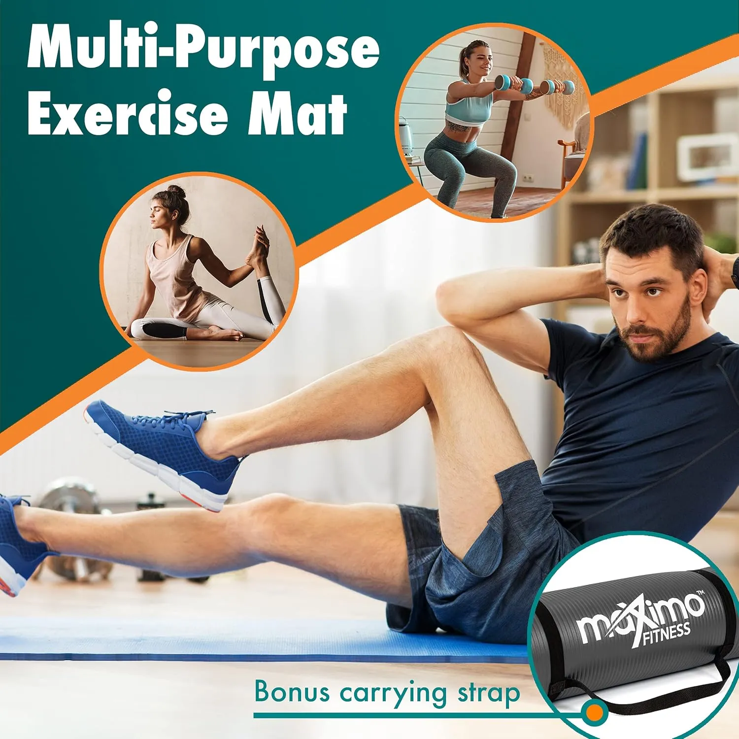 Maximo Fitness Yoga Mat - Multipurpose Exercise Mat for Men, Women and Kids, Ideal Non Slip Workout Mats for Yoga, Pilates, Gym Exercise with Carrying Strap