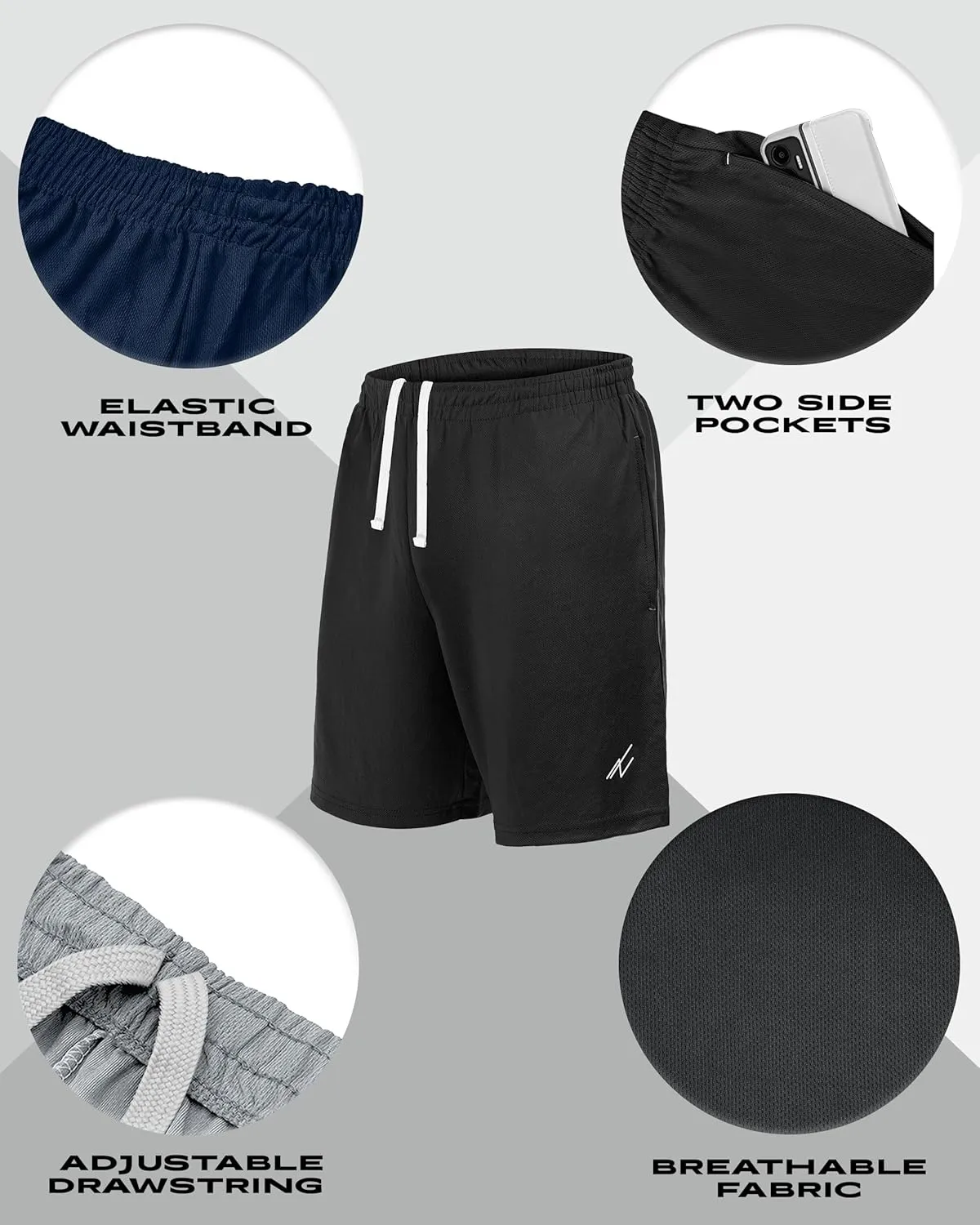 NY Threads 5 Pack Men's Athletic Shorts Quick Dry Loose-Fit Lightweight Running Workout Gym Shorts with Pockets