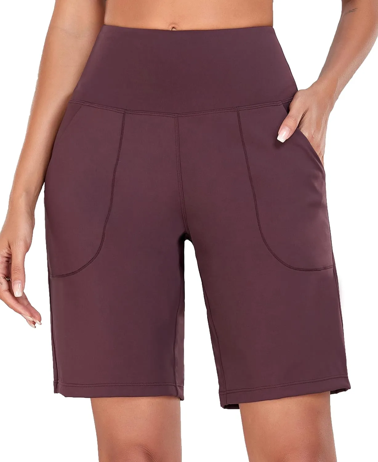 Oalka Women's High Waisted Shorts Yoga Workout Bermuda Long Hiking Shorts with Pockets