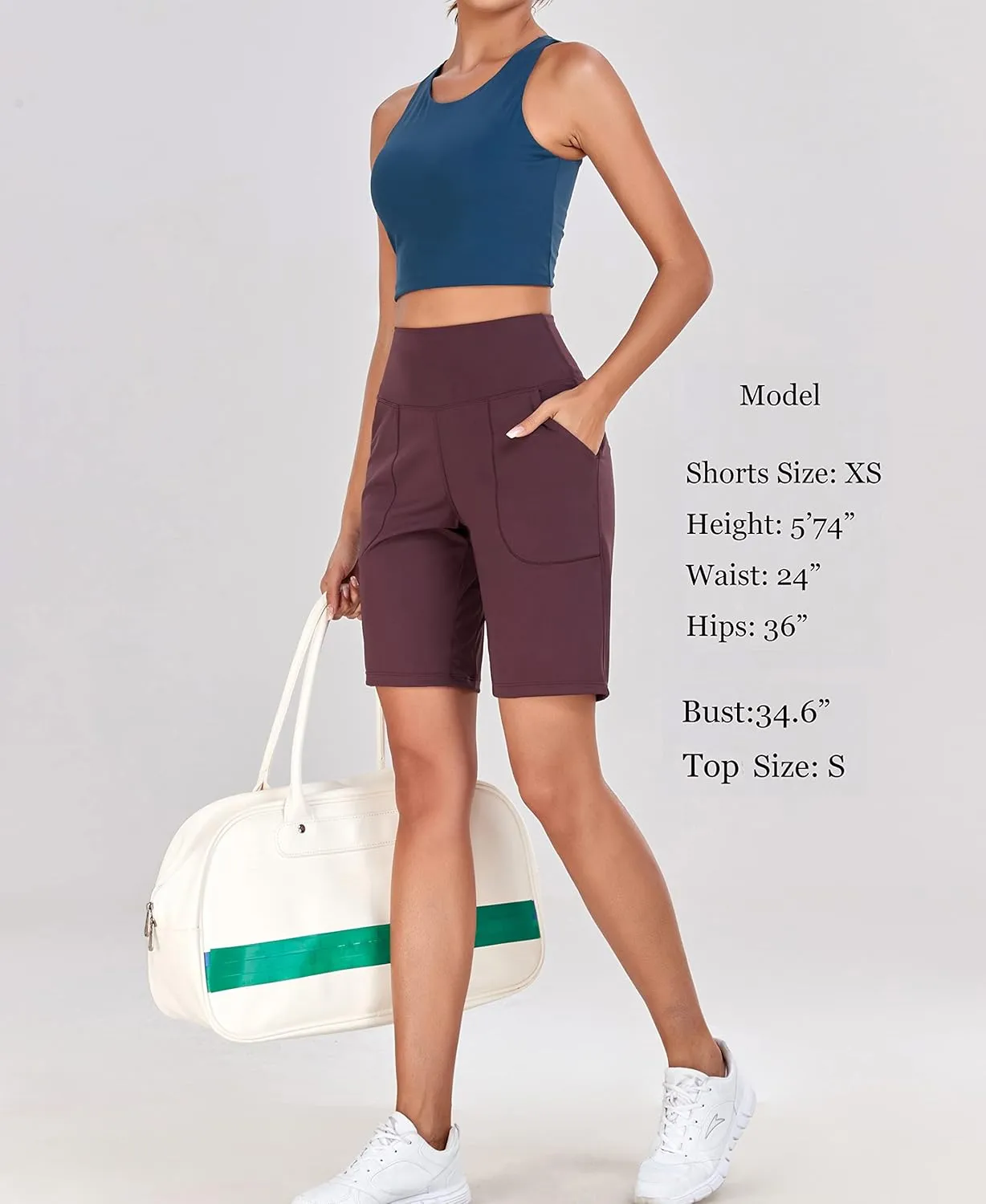 Oalka Women's High Waisted Shorts Yoga Workout Bermuda Long Hiking Shorts with Pockets