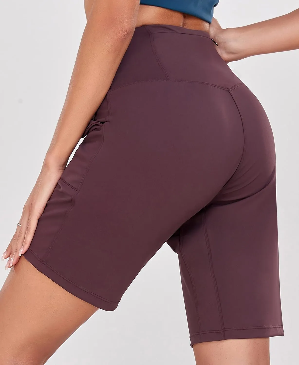 Oalka Women's High Waisted Shorts Yoga Workout Bermuda Long Hiking Shorts with Pockets