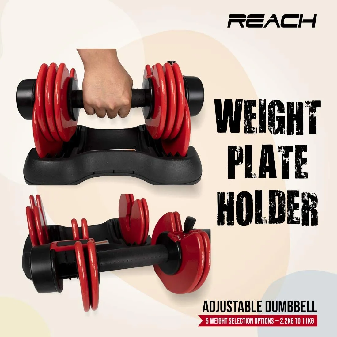 Reach Carbon Adjustable Dumbbells (2.2 kg to 11 kg) Perfect Home Gym Equipment for Fitness and Full Body Workout Easy Weight Adjustment with Pin Lock Technology Space Saver Dumbbell Suitable for Men and Women