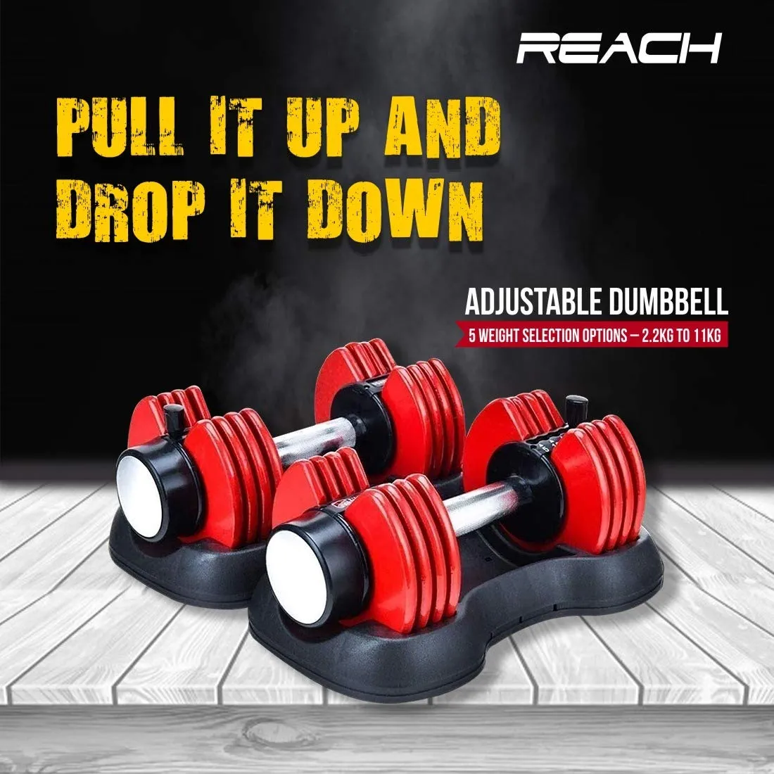 Reach Carbon Adjustable Dumbbells (2.2 kg to 11 kg) Perfect Home Gym Equipment for Fitness and Full Body Workout Easy Weight Adjustment with Pin Lock Technology Space Saver Dumbbell Suitable for Men and Women