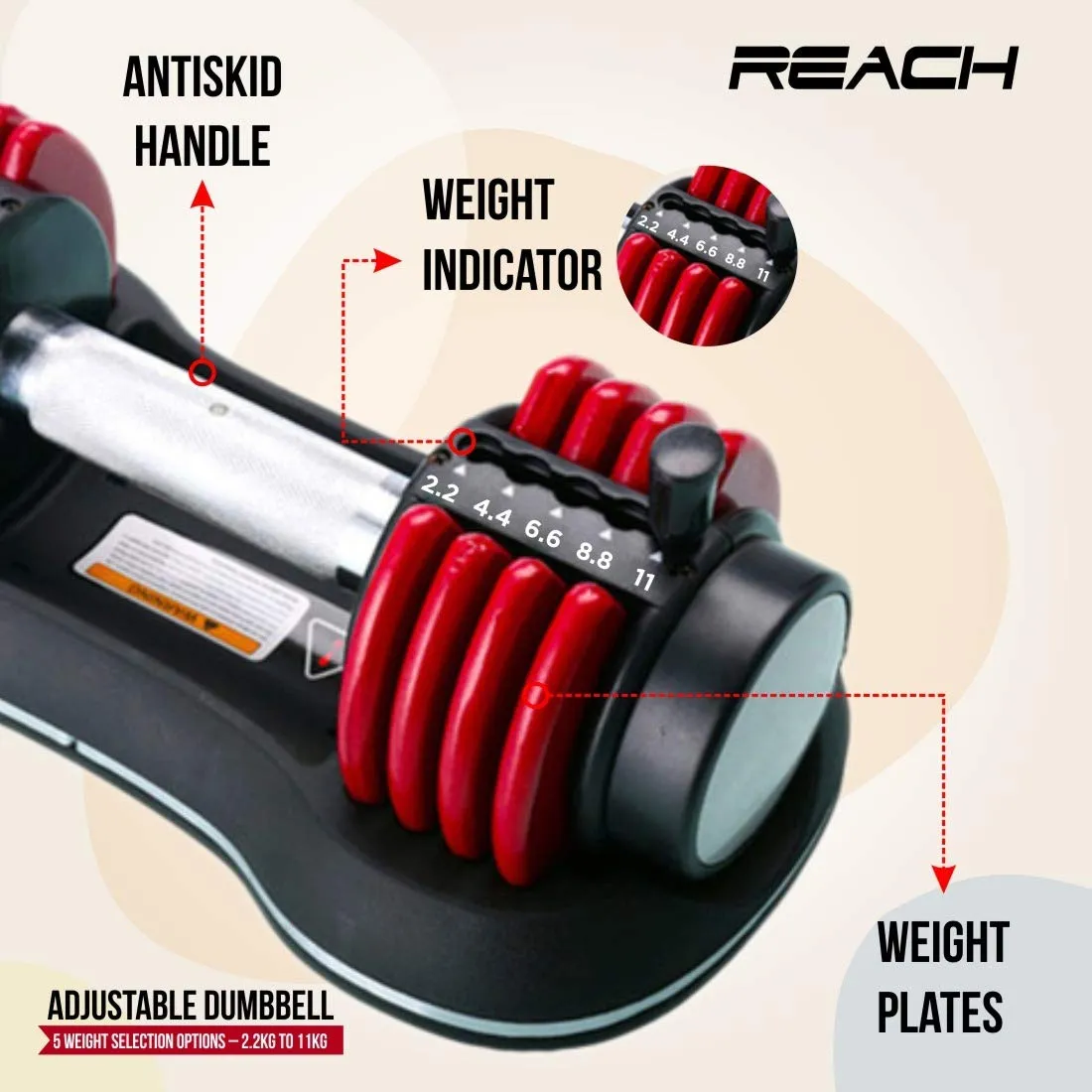 Reach Carbon Adjustable Dumbbells (2.2 kg to 11 kg) Perfect Home Gym Equipment for Fitness and Full Body Workout Easy Weight Adjustment with Pin Lock Technology Space Saver Dumbbell Suitable for Men and Women