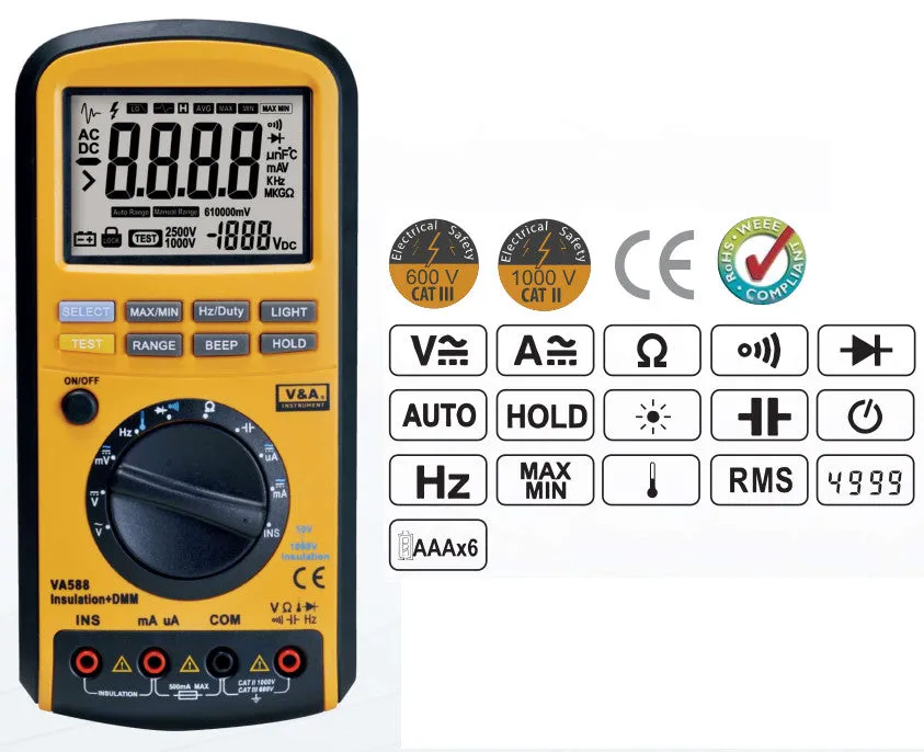 VA588, Portable Insulation Multimeter For Current, Voltage, Resistance, Frequency, Insulation Resitance, Temperature
