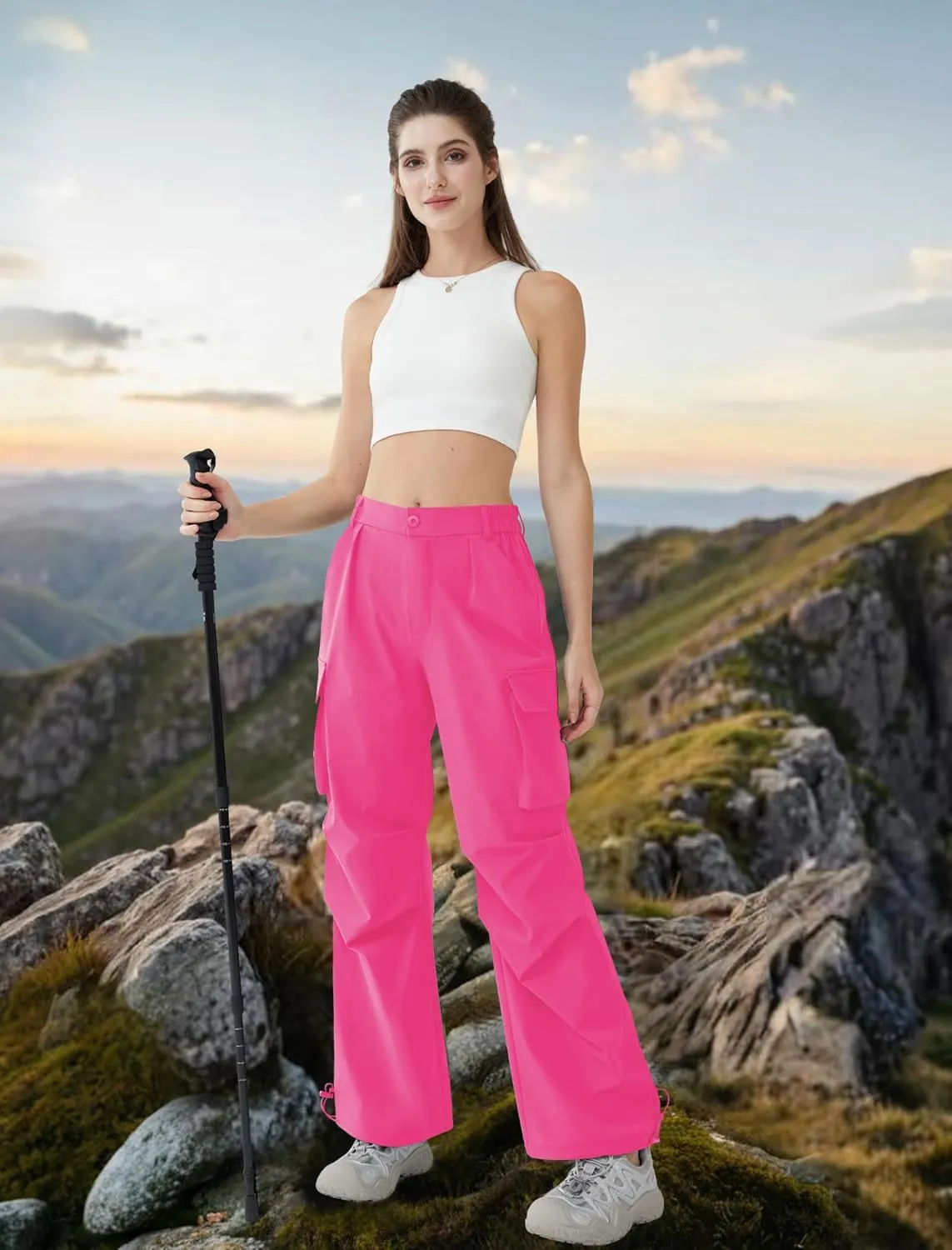 Women??s Hiking Pants Wide Leg Cargo Pants Quick Dry Lightweight Water-Resistant Travel Casual Trousers with 4 Pockets