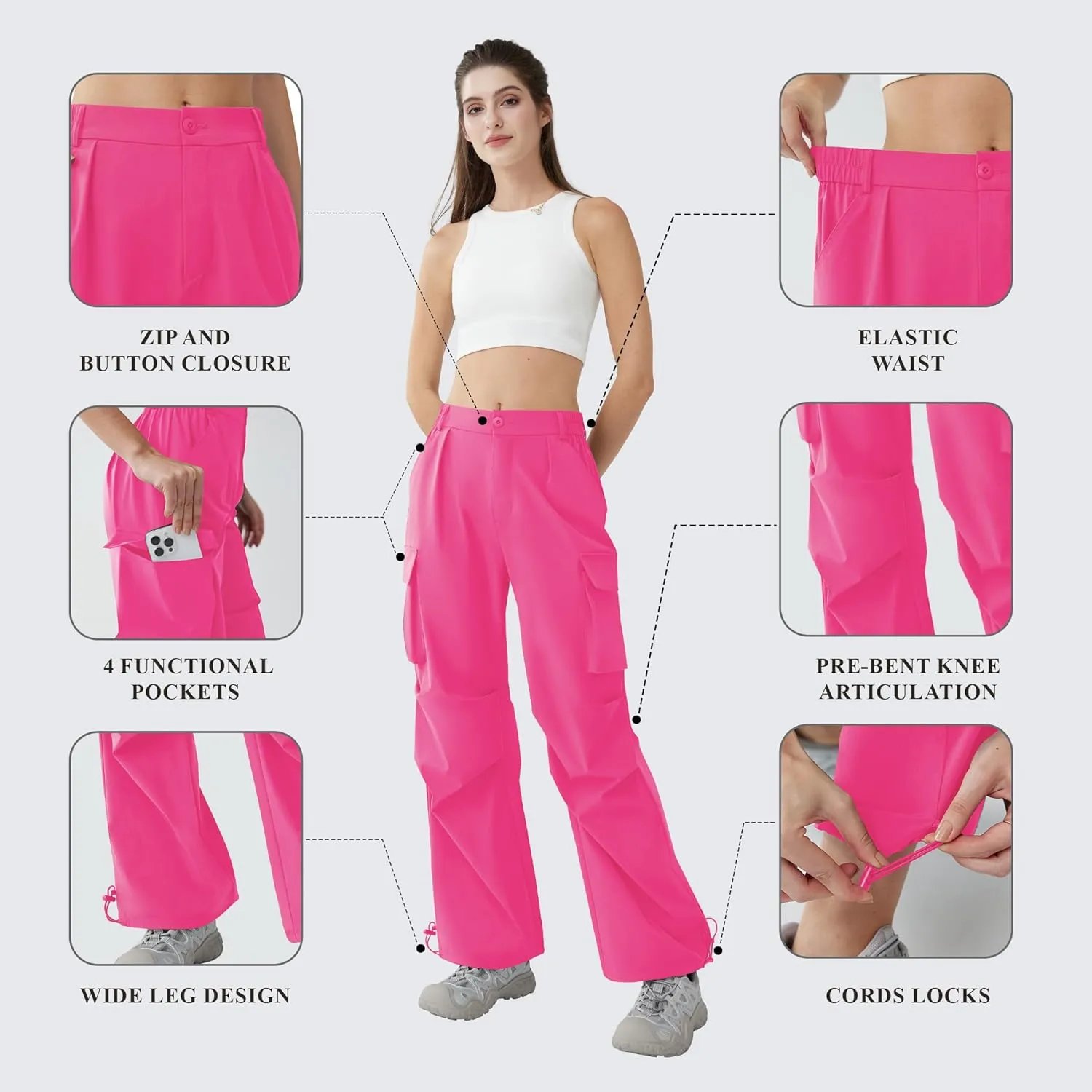 Women??s Hiking Pants Wide Leg Cargo Pants Quick Dry Lightweight Water-Resistant Travel Casual Trousers with 4 Pockets