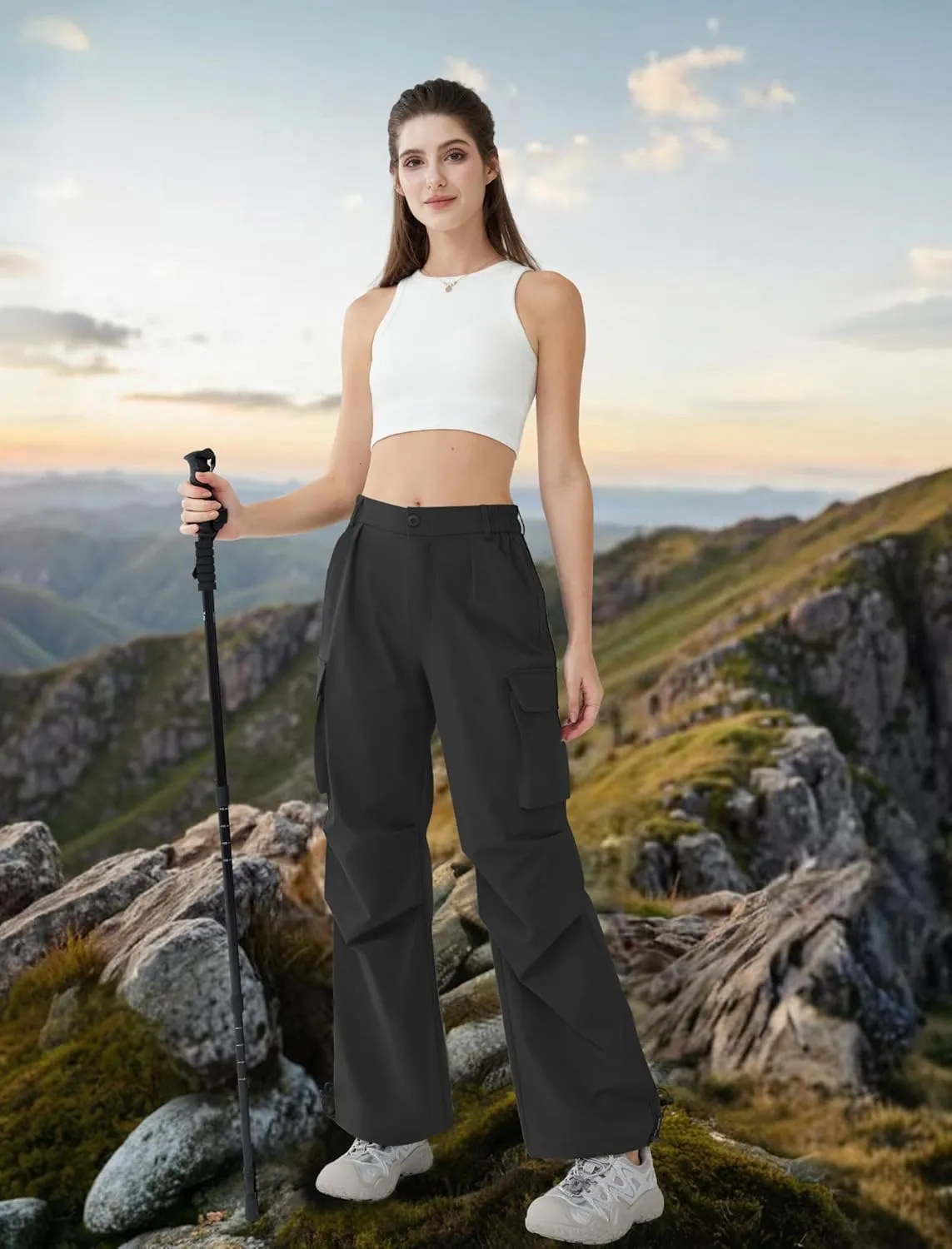 Women??s Hiking Pants Wide Leg Cargo Pants Quick Dry Lightweight Water-Resistant Travel Casual Trousers with 4 Pockets