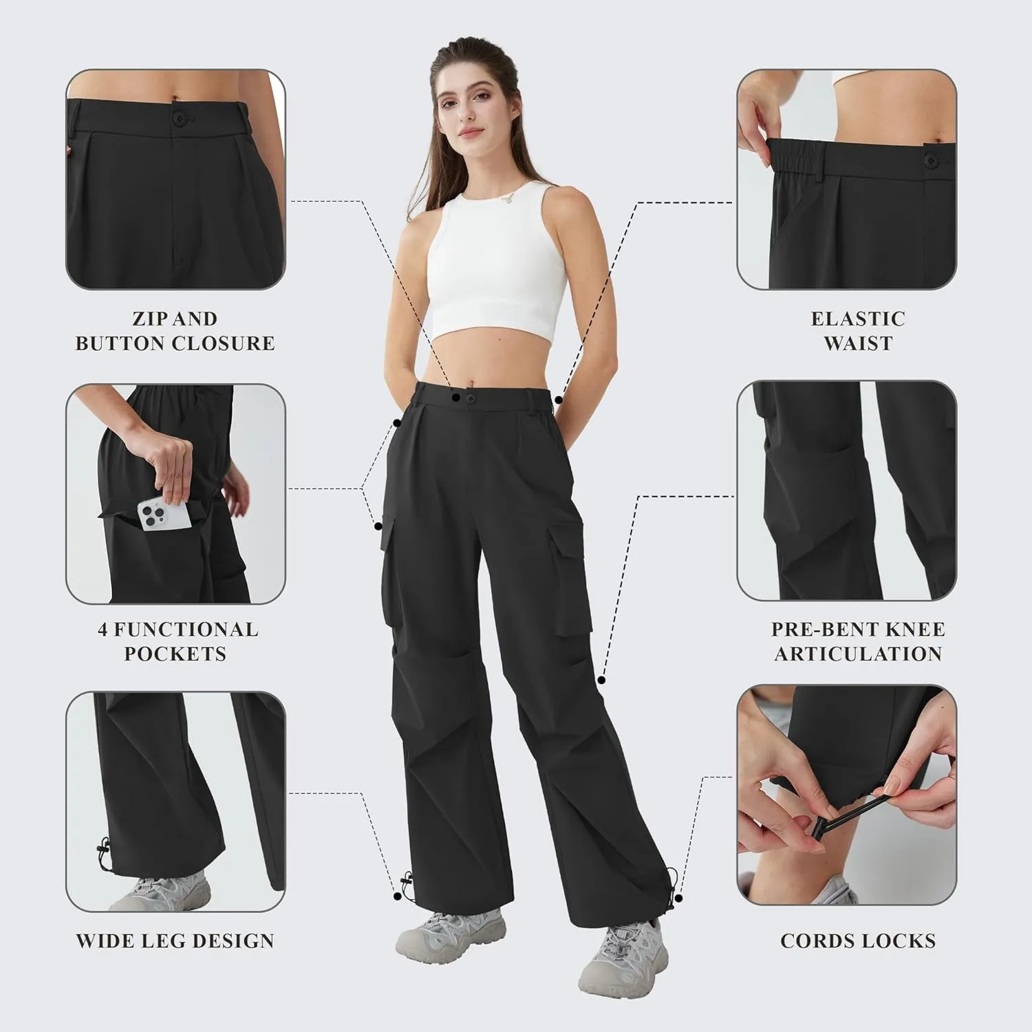 Women??s Hiking Pants Wide Leg Cargo Pants Quick Dry Lightweight Water-Resistant Travel Casual Trousers with 4 Pockets